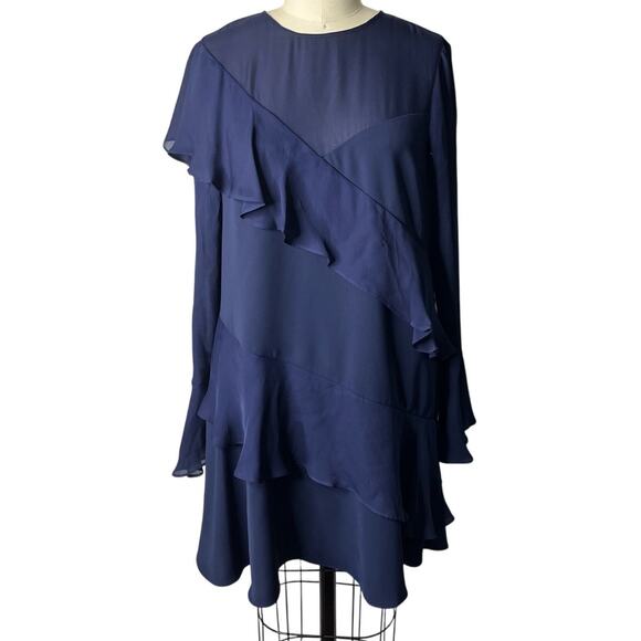 Parker Evony Navy Silk Long Sleeve Ruffle Dress Size Medium - Picture 1 of 6